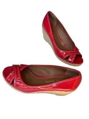 Franco Sarto Red Cheria Vegan Patent Leather Peep Toe Espadrille Wedge Heel Sz 8